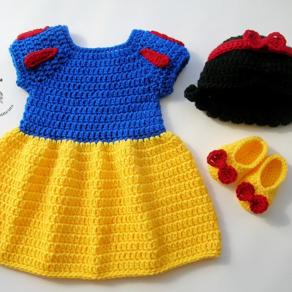 MOTIF AU CROCHET - Ensemble perruque, robe et chaussures de princesse | Accessoire photo bébé fille | Déguisement d'Halloween pour bébé au crochet | Tailles Nouveau-né - 12 mois