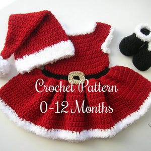 CROCHET PATTERN Baby Mrs. Santa Christmas Outfit in English PDF Pattern Includes Hat, Dress and Shoes for Photo Prop | Sizes 0-12 Months