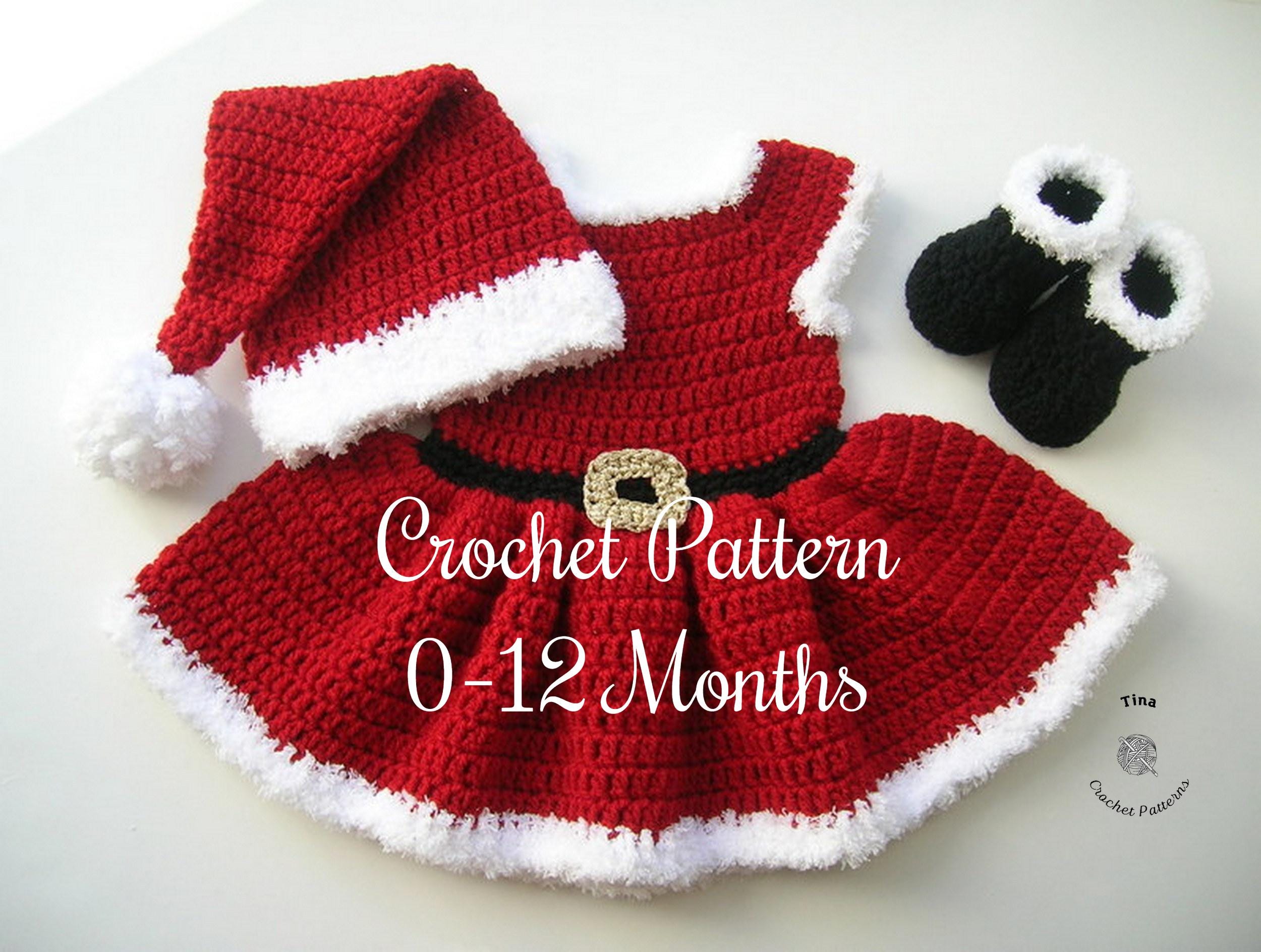 CROCHET PATTERN Baby Mrs. Santa Christmas Outfit in English PDF Pattern Includes Hat, Dress and Shoes for Photo Prop | Sizes 0-12 Months