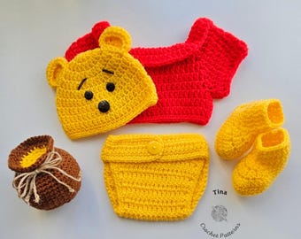 CROCHET PATTERN - Baby Honey Bear Costume, Winnie Bear, Photo Prop, 1st Halloween, Shower Gift, Sizes 0-12 Months