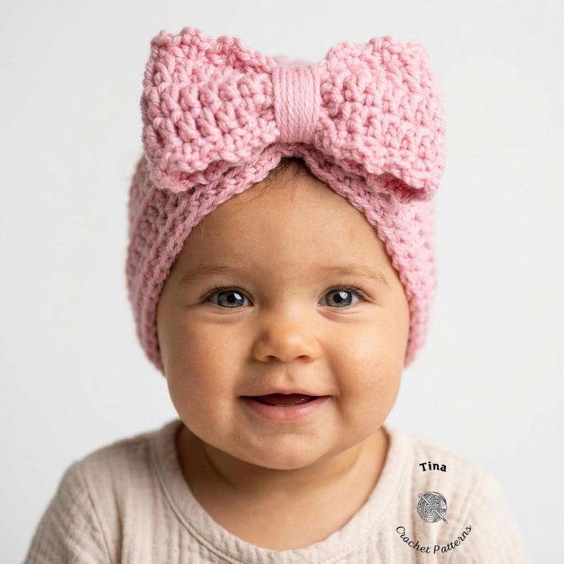 May include: A baby wearing a light pink, crocheted headband with a large bow. The headband is made of a thick yarn and has a textured appearance. The baby is smiling and wearing a beige shirt.