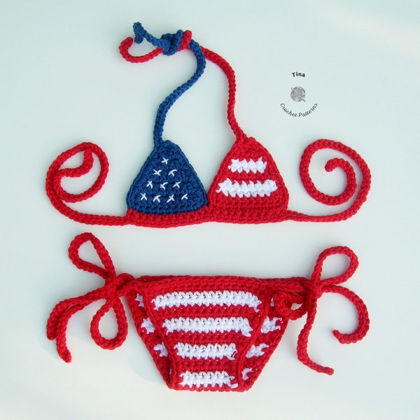PATRÓN DE GANCHILLO - Traje de baño de bikini para bebé patriótico / Bikini a rayas de ganchillo / Accesorio para fotografía de niña / Tallas 0 - 12 meses
