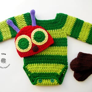 CROCHET PATTERN - Baby Caterpillar Halloween Costume in English PDF Pattern Includes Hat, Romper, Booties for Photo Prop | Sizes 0–12 Months