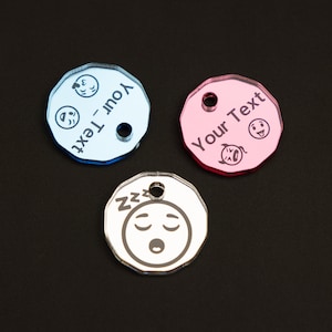 Personalised text, smile, emoji. Pink blue cilver Acrylic mirror Keyring Pound coin size Trolley