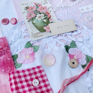 Vintage Slow Stitch Kit - Fabric & Notions - Textile Bundle - Scraps for Junk Journaling, Scrapbook, Collage, Mindful Stitching, and Sewing