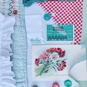 Vintage Slow Stitch Kit - Fabric & Notions - Textile Bundle - Scraps for Junk Journaling, Scrapbook, Collage, Mindful Stitching, and Sewing