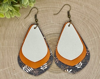 Fall Earrings, Floral Earrings, Orange and Black Earrings, Faux Leather Earrings, Dangly Earrings, Statement Earrings