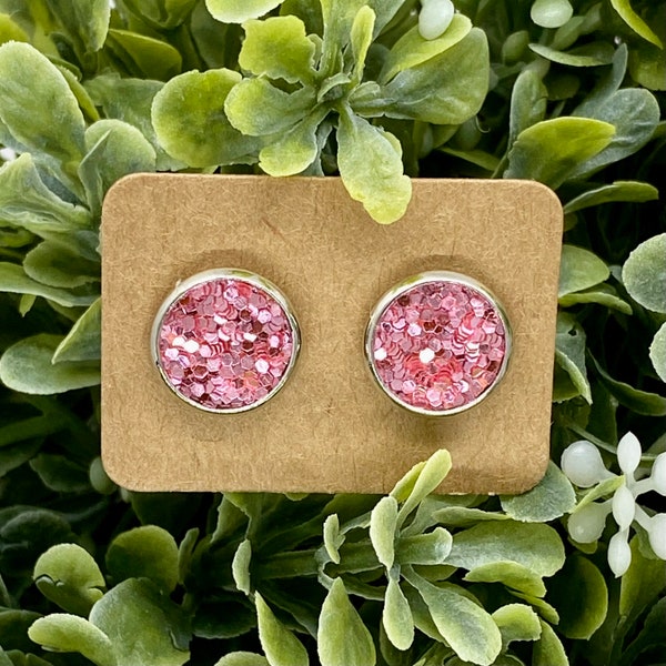Pink Studs • Stud Earrings • Pink Glitter Stud Earrings