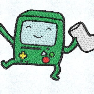 Könnte beinhalten: Eine grüne Comicfigur mit einem lächelnden Gesicht, die in ihrer rechten Hand eine weiße Socke hält. Die Figur ist in Form einer tragbaren Videospielkonsole geformt.