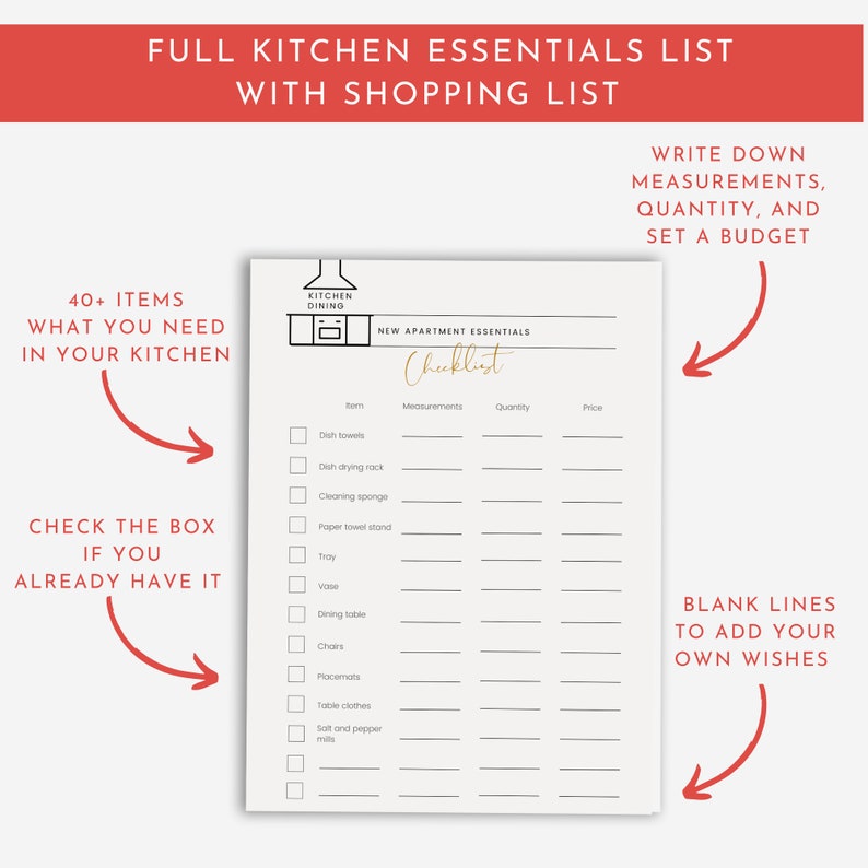 Kitchen Essentials New Home Checklist Shopping List to Our Etsy