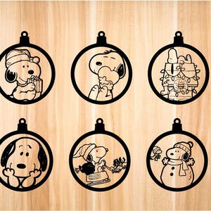 Snoopy kerstversieringen, MDF-versieringen, DXF, PDF, EPS, lasergesneden, routerversieringen, digitaal bestand