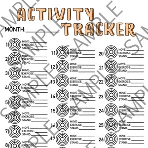 Könnte beinhalten: Ein schwarz-weißer druckbarer Aktivitäts-Tracker mit 28 Kreisen. Jeder Kreis hat einen Platz zum Eintragen von "Move", "Exercise" und "Stand". Der Tracker ist oben mit "Activity Tracker" und "Month:" beschriftet.