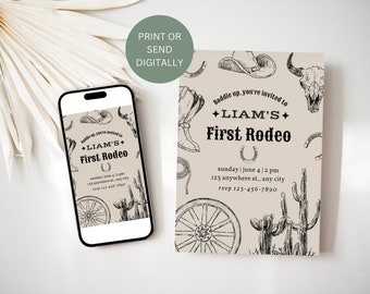 May include: A printable or digital invitation for a child's first rodeo. The invitation features a beige background with black line drawings of cowboy boots, a cowboy hat, a lasso, a horseshoe, a cactus, and a wagon wheel. The text on the invitation reads "Saddle up, you're invited to Liam's First Rodeo" and includes the date, time, and RSVP information.
