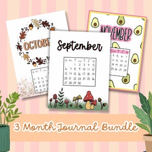 May include: A 3-month journal bundle featuring three printed calendar pages for September, October, and November. The September page shows mushrooms, October features autumn leaves and acorns, and November displays an avocado pattern.