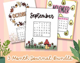 Bundel met dagboeken voor 3 maanden, printbare planners voor september, oktober en november, gewoonte-tracker, stemming-tracker en handgetekende herfst-dagboekinzetvellen.