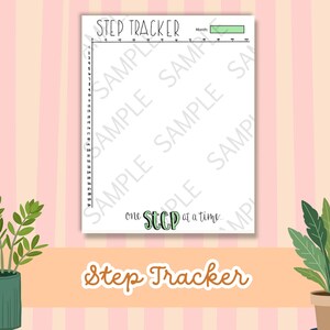 May include: A white paper step tracker sheet featuring a grid with a vertical axis numbered 1 to 31 and a horizontal axis marked with increments of 1000 steps. The header reads Step Tracker and the footer says one STEP at a time.