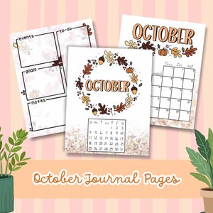Pode incluir: Três páginas de diário imprimíveis para outubro com ilustrações de tema de outono. Uma página mostra um calendário com uma coroa de folhas e bolotas. Outra página exibe uma grade de calendário mensal. A terceira página inclui seções para eventos, tarefas, objetivos e notas.