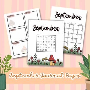May include: Three white journal pages featuring September calendars and task lists. The designs include black text, grid layouts for events, goals, and notes, and illustrations of red and brown mushrooms with green foliage at the bottom of the pages.
