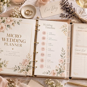 May include: A ring-bound micro wedding planner with a cream cover featuring gold text and pink floral illustrations. The open pages display a wedding timeline with icons and a budget overview section with columns for category, budget, actual, and difference.