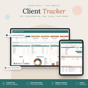 Puede incluir: Una plantilla digital de seguimiento de clientes para Google Sheets y Excel mostrada en una pantalla de portátil y tableta. La interfaz presenta un panel con tablas de datos, un gráfico de barras, un gráfico circular.
