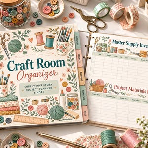 Könnte beinhalten: Ein Bastelraum-Organizer-Ordner mit einem Einband, der Illustrationen von Scheren, Garn, Knöpfen und Pinseln zeigt. Der Text lautet Craft Room Organizer, Supply Inventory, Project Planner & More. Die offene Seite zeigt Tabellen für Master Supply Inventory und Project Materials Planner mit floralen Akzenten.
