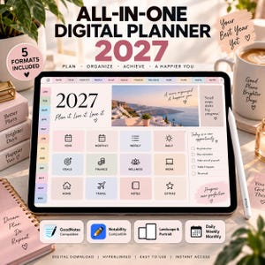 Puede incluir: Una agenda digital para 2027 mostrada en la pantalla de una tableta, con un panel de control con pestañas de navegación para meses y categorías como objetivos, finanzas y bienestar. La interfaz incluye iconos, una lista de tareas y texto.