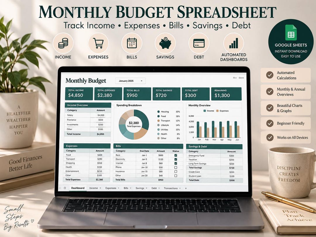 Budget Spreadsheet Google Sheets Template | Monthly Budget Planner ...