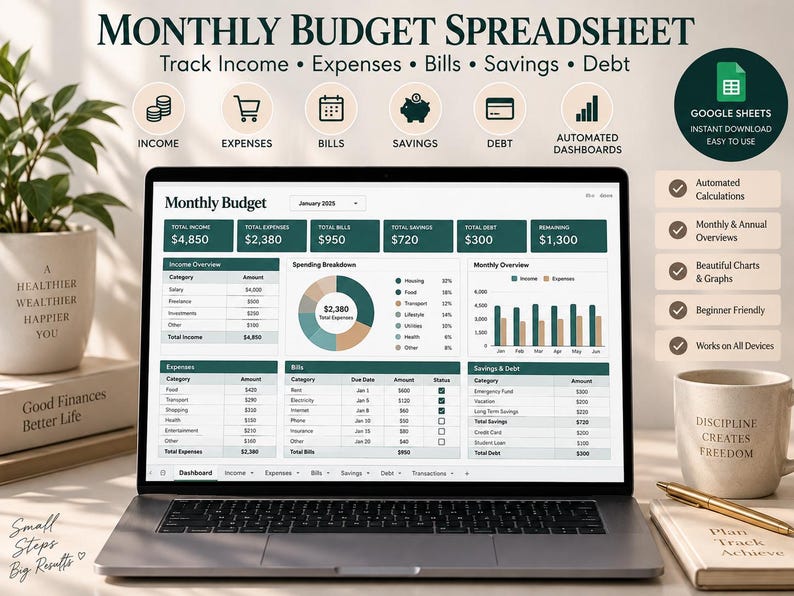 Budget Spreadsheet Google Sheets Template | Monthly Budget Planner ...
