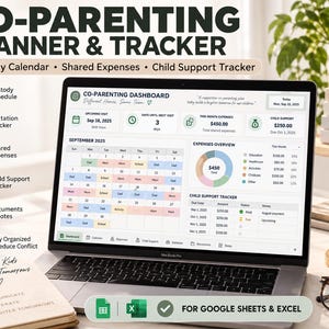 May include: A digital co-parenting planner and tracker displayed on a laptop screen, featuring a dashboard with a custody calendar, shared expenses, and child support tracker. The interface includes sections for upcoming visits, expense overviews, and notes.