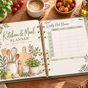 May include: An open ring-bound kitchen and meal planner with a cream-colored cover page featuring the text Kitchen & Meal Planner, illustrations of wooden utensils, a cutting board, herbs, and a lemon, alongside a weekly meal planning grid.