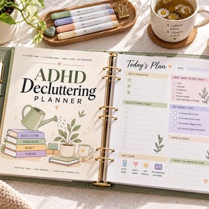 Könnte beinhalten: Ein offener ADHD Decluttering Planer mit Ringbindung. Die linke Seite zeigt einen Titel, eine Gießkanne, einen Bücherstapel mit den Aufschriften Declutter, Organize, Reset, Thrive und eine Pflanze. Die rechte Seite enthält eine Today's Plan Vorlage.