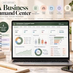 May include: A digital VA Business Command Center 2027 Edition dashboard displayed on a laptop screen, featuring task management, client CRM, project tracking, time tracking, invoices, revenue, calendar, planner, and reports analytics.