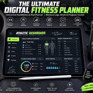 May include: A digital tablet displaying an Athletic Dashboard fitness planner interface with workout logs, meal trackers, and progress metrics. The screen shows calorie targets, water intake, and weekly training splits in a dark mode layout.