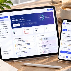 May include: A tablet and a smartphone displaying the Planora task management application interface. The screens show a dashboard with task lists, daily planners, and progress charts. A white stylus rests on the surface in front of the devices.