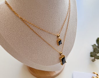 18k gold plated black stone double layer necklace