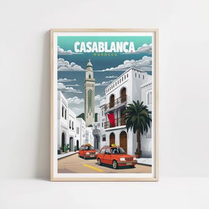 Poster Casablanca – Decorazione murale marocchina in stile retrò vintage con Petit Taxis | Architettura orientale – per la tua casa o come regalo