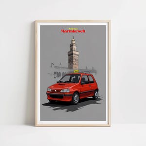 Poster di Marrakech – Stampa artistica vintage con Petit Taxi e Minareto | Stampa marocchina stampata per gli amanti del retrò
