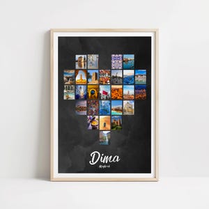 May include: A black and white photo collage in the shape of a heart featuring various images of Morocco. The collage is framed in a light wood frame and has the name "Dima" written below it.