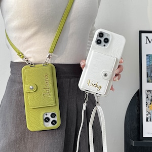 Personalisierte Ledertasche iPhone Handyhülle mit Crossbody Strap