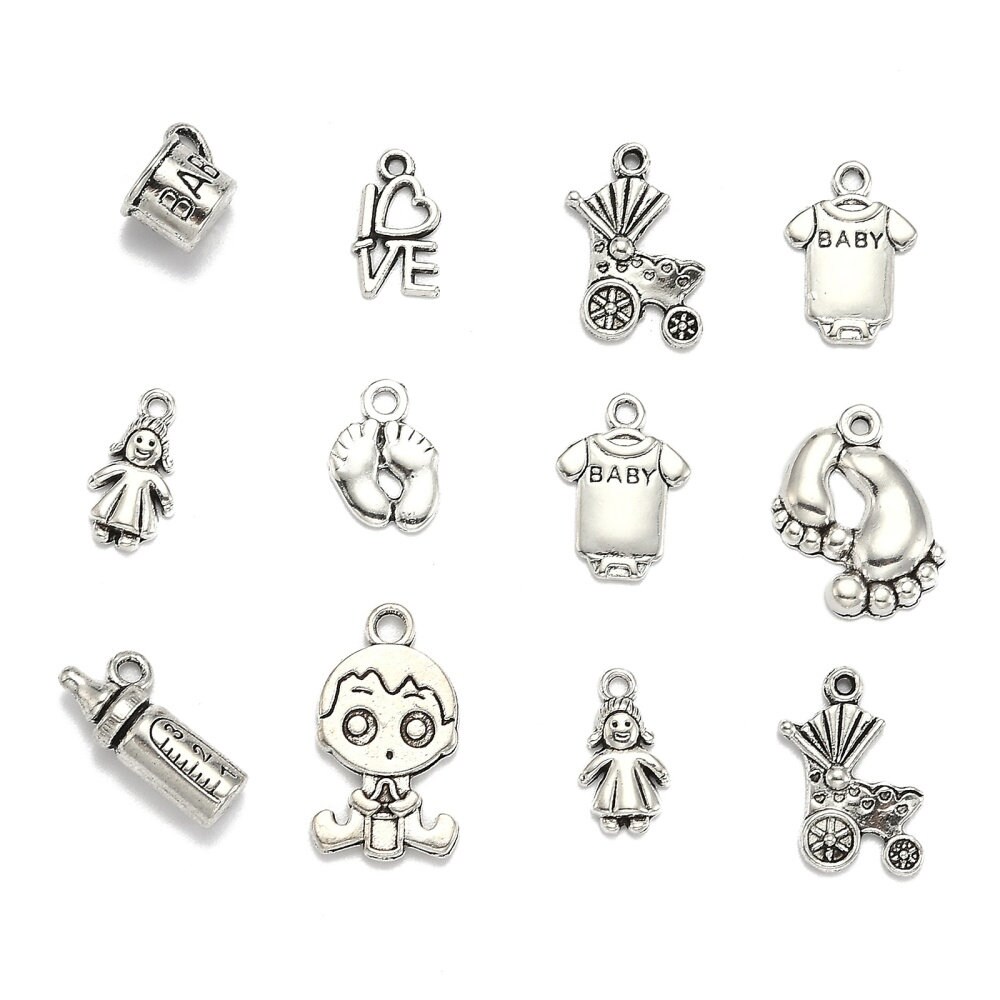 10 mixed tibetan style alloy pendants for baby, antique silver, 15~24x7.5~14x2~10mm, hole: 2mm