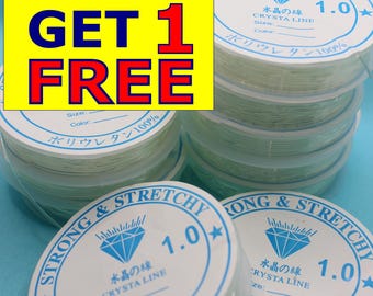 Puede incluir: Carretes de hilo de cristal transparente y elástico, etiquetados como "Strong & Stretchy" y "Crystal Line 1.0". La imagen incluye un gráfico promocional amarillo y azul que dice "Buy 2 Get 1 Free".