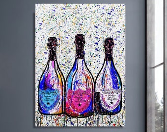 May include: Three champagne bottles with colourful paint splatters on a white background. The bottles are arranged in a row and have blue, pink, and yellow accents.