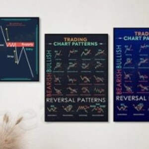 Puede incluir: Un conjunto de seis carteles negros y azules con texto blanco e ilustraciones de patrones de velas para el comercio. Los carteles están titulados "Trading Chart Patterns" e incluyen "Bearish Bullish Reversal Patterns" y "Chart Patterns".