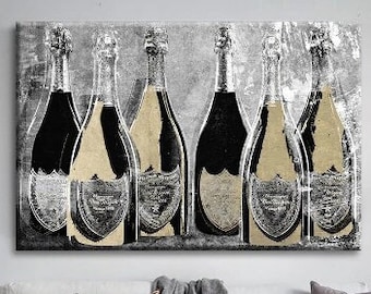 May include: A black and white abstract painting of six champagne bottles with gold accents. The bottles are arranged in a row and are set against a grey background.