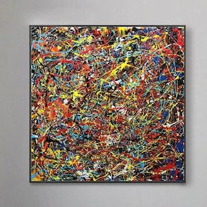May include: Abstract painting with a chaotic pattern of yellow, red, blue, and black lines and splatters on a black background.