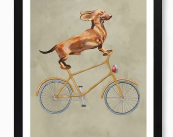 Dachshund On Bicycle Art Print Dog Artwork Mans Best Friend hunting dogs wall art room decor canvas animal lover picture