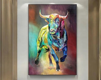 Wall Street Bull Graffiti Style Painted Animal Oil Painting Color Bull Canvas Painting Nordic Style Indoor Home Decoration Art Painting