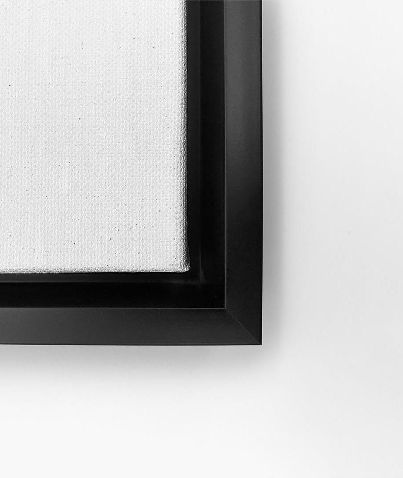 May include: Close-up of the corner of a black framed canvas print. The canvas is white and textured.
