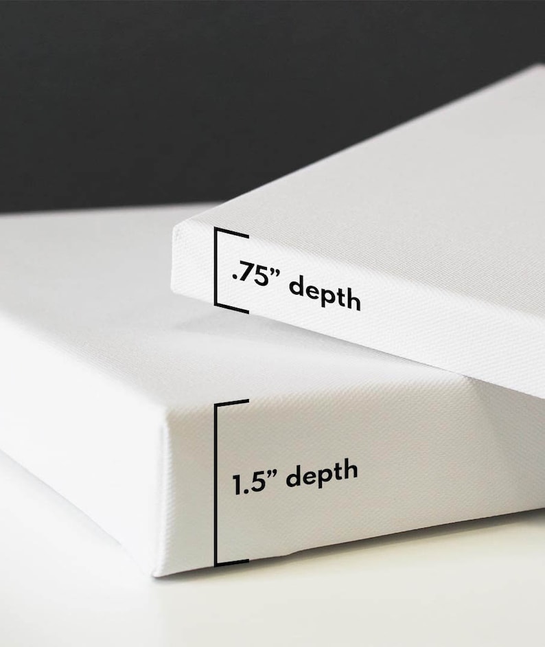 May include: Two white canvases with different depths. The top canvas has a depth of 0.75 inches and the bottom canvas has a depth of 1.5 inches.