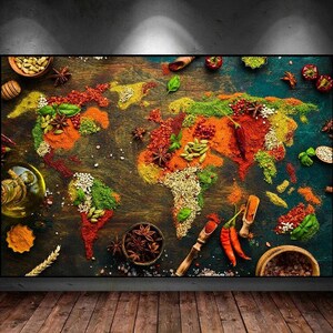 Spice World Leinwanddruck Wandkunst Weltkarte Gewürz und Gewürz Bilder Drucke Kunstwerk für Galerie Wohnzimmer Wohnkultur Küche Dekor